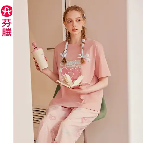 芬腾睡衣女夏季新款纯棉短袖女款全棉甜美可爱休闲大码家居服套装商品大图