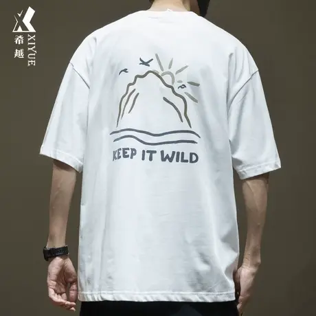 希越重磅美式休闲纯棉短袖T恤男春夏宽松大码男士绣花白色打底衫商品大图