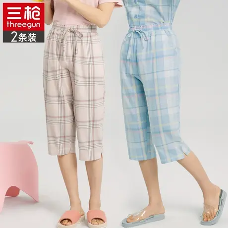 三枪纯棉女士夏季家居裤休闲宽松格子可外穿睡裤全棉薄款七分裤商品大图