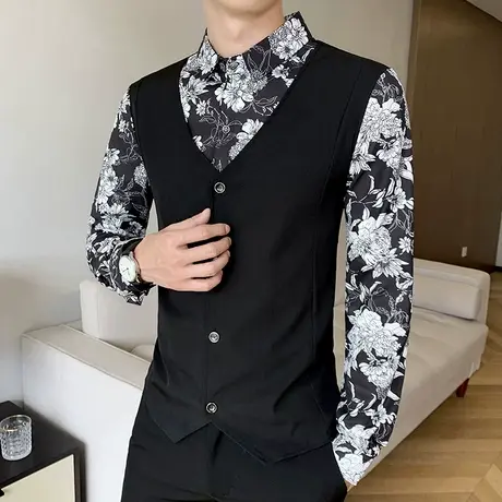 花衬衣春秋季男士潮流韩版马甲内搭配时尚外穿上衣假两件长袖衬衫商品大图