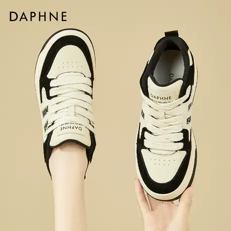 达芙妮黑白板鞋女2023春秋季设计感圆头拼色显脚小休闲系带高帮鞋商品大图