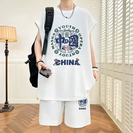 坎肩背心男夏季薄款冰丝休闲运动套装男士国风无袖t恤短裤两件套商品大图