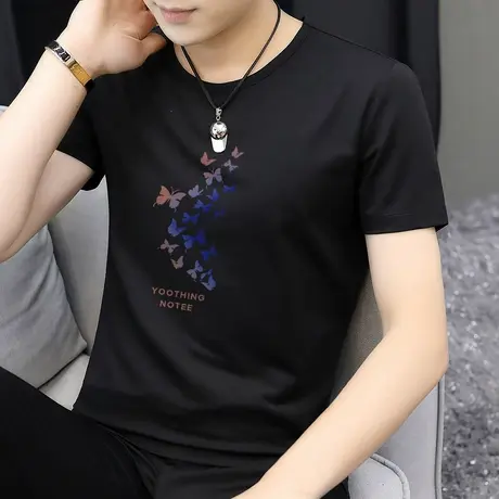 莫代尔黑色t恤男士短袖2023夏季新款潮流圆领半袖冰丝冰感上衣服商品大图