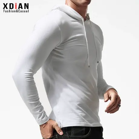 连帽打底衫男长袖t恤春秋季薄款卫衣修身紧身带帽衫白色纯棉秋衣商品大图