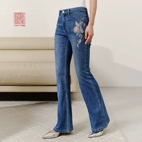 EP雅莹高端系列 重工国风刺绣棉弹微喇牛仔裤2023秋冬新款J608A图片