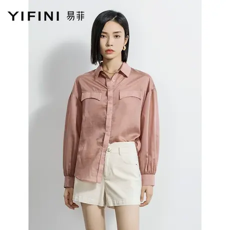 Yifini/易菲宽松长袖薄款衬衫女2023春秋新款落肩百搭时尚上衣商品大图