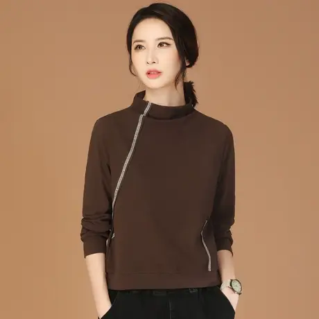 韩潮袭人咖色半高领修身显瘦T恤女2023秋季新款休闲打底衫上衣商品大图