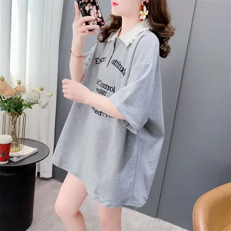 休闲百搭Polo领短袖t恤女学生2023年新款夏季减龄中长款上衣ins潮商品大图