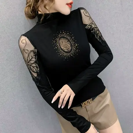 2023年新款性感镂空T恤女网纱拼接上衣春秋紧身内搭打底衫女长袖图片