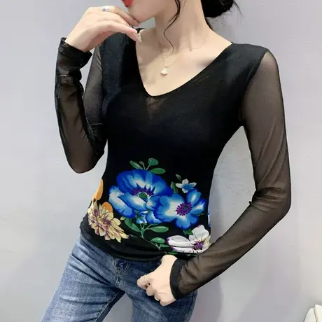 早秋欧货性感V领T恤女长袖洋气内搭打底衫时尚印花修身网纱上衣潮商品大图