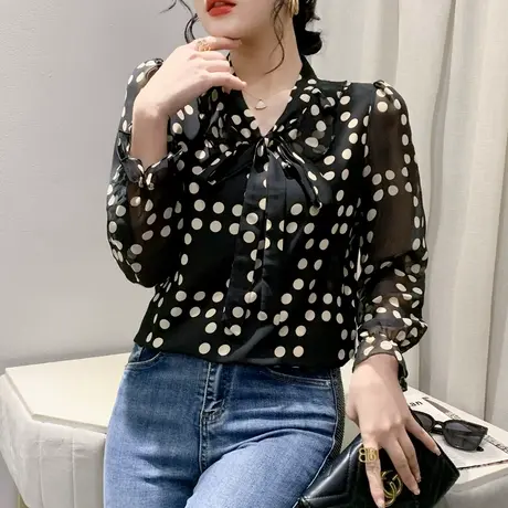 欧货气质网纱衬衫女长袖2023春秋新款时尚波点上衣洋气系带小衫潮图片