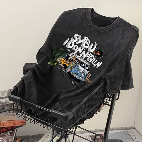 美式高街复古短袖T恤女小众设计感宽松甜酷纯棉半袖夏季情侣装潮商品大图