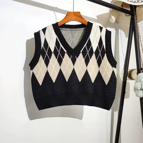 短款针织马甲背心女外穿秋冬韩版菱形格学生无袖坎肩毛衣马夹外套商品大图