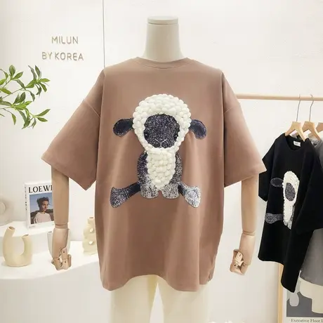 2022早春新款韩国东大门卡通磨毛绒加厚T恤秋冬短袖内搭宽松大版图片