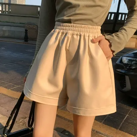 皮短裤女秋冬季2022新款松紧高腰百搭显瘦a字阔腿柔软休闲短裤子商品大图