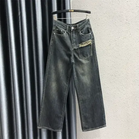 2023新款磨破不对称设计感宽松百搭休闲牛仔直筒裤女秋高腰长裤子商品大图