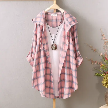 2023新款夏季格子防晒衫衬衫女连帽外套防晒衣衬衣女户外薄款开衫图片