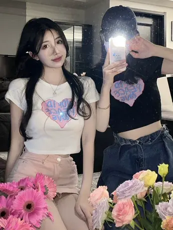 辣妹爱心印花字母短袖针织T恤黑色打底衫夏季短款露脐bm上衣女潮商品大图