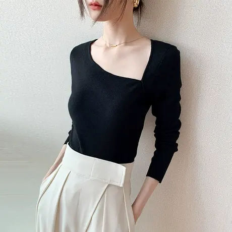 不规则水滴领打底衫女2023春季新款修身长袖T恤配大衣的内搭上衣图片