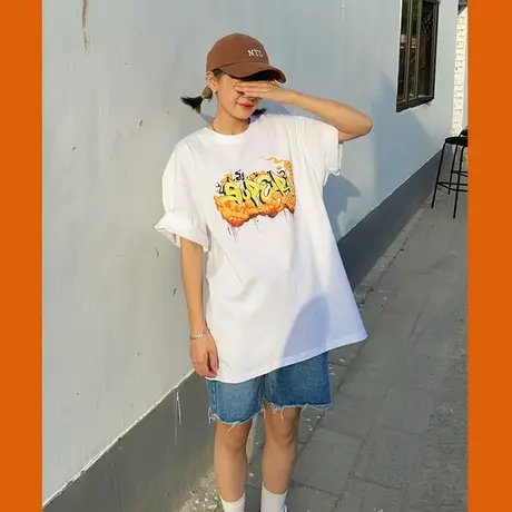 红续原创字母ins潮宽松百搭盐系少女ulzzang纯棉短袖T恤上衣新款图片