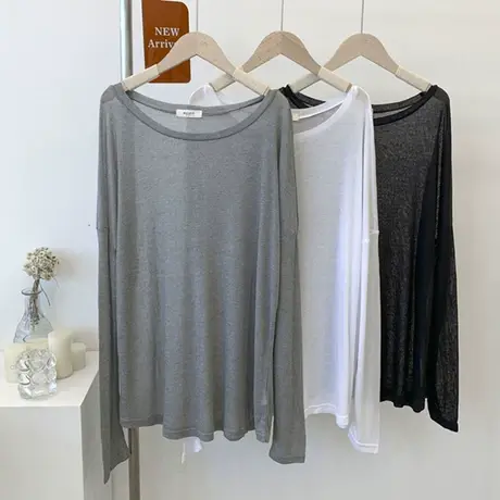 薄款柔软实用防晒衣T恤女夏季透视慵懒宽松纸片人大圆领针织罩衫商品大图