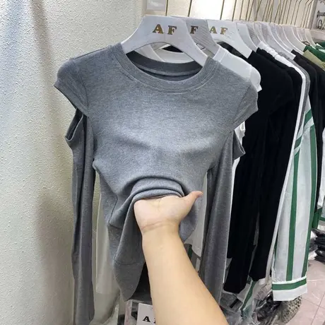 露肩长袖T恤女早秋韩版洋气减龄修身显瘦小众设计感打底衫上衣潮商品大图