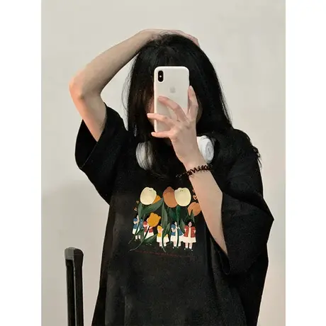 重磅纯棉美式复古短袖t恤女春季ins潮宽松半袖小众设计圆领上衣夏商品大图