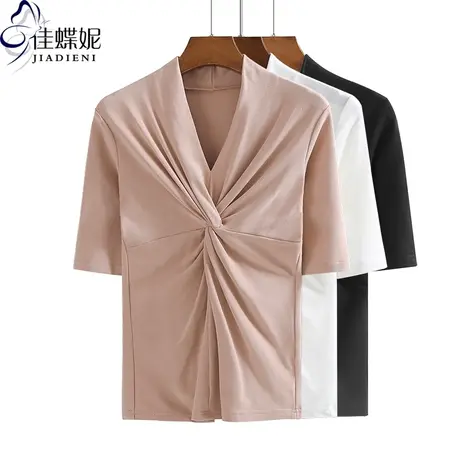 春秋新款韩版纯白V领打结修身显瘦纯白中袖体恤上衣打底内搭女装商品大图