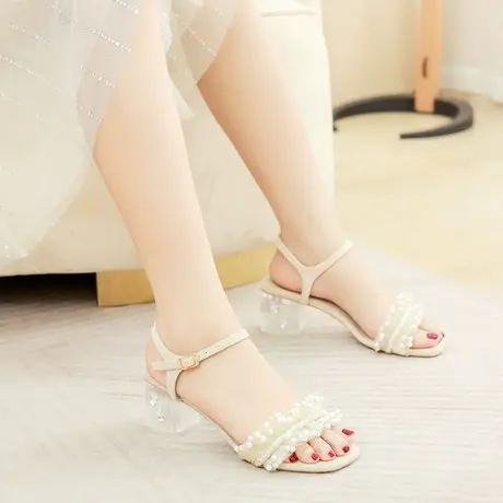 百翎凉鞋2023年新款女仙女风中跟夏季粗跟花边珍珠时尚小码女鞋子商品大图