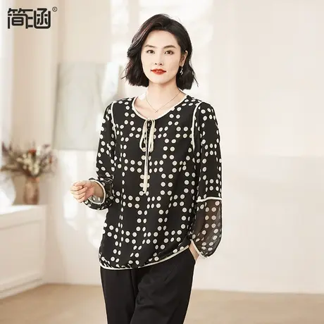 简涵大码女装2023秋装新款宽松显瘦中年妈妈长袖上衣加肥加大小衫图片
