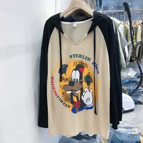 大码插肩袖连帽v领上衣女装春秋款胖mm宽松薄款减龄长袖t恤200斤商品大图