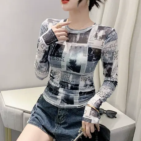 夏季薄款网纱防晒长袖女设计感小众印花上衣时尚气质抽绳收腰T恤图片