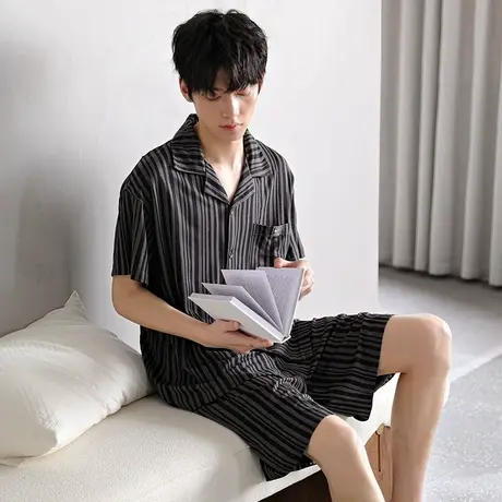 婷美睡衣男士夏季新款莫代尔短袖短裤轻奢舒适夏天室外家居服套装商品大图