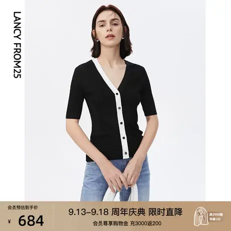 朗姿法式气质V领黑色短袖针织开衫外套夏季新款设计感短款上衣女商品大图