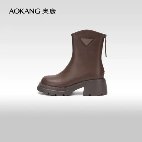 【门店发货】奥康女鞋 冬季新款复古圆头女士时装靴加绒短靴图片