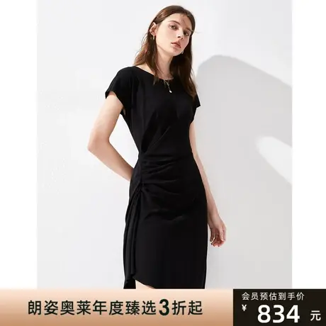 朗姿法式气质收腰显瘦中长款黑色连衣裙子女新款赫本风小黑裙图片