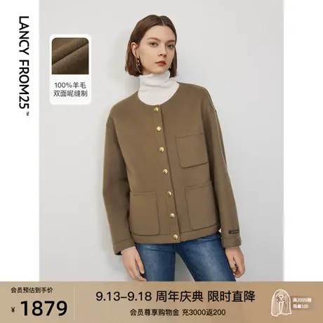 朗姿纯羊毛双面呢法式复古圆领通勤毛呢外套2023年新款冬季上衣女图片