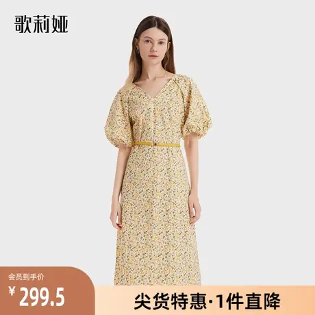 歌莉娅奥莱秋季国风v领印花连衣裙造型感泡泡袖高级淑女通勤时尚图片