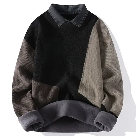 假两件毛衣男士2023新款秋冬季衬衫领打底针织衫加绒加厚带领线衣商品大图