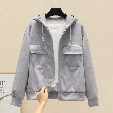 卫衣短外套女2023春秋季新款宽松连帽拉链灰色oversize开衫上衣潮商品大图