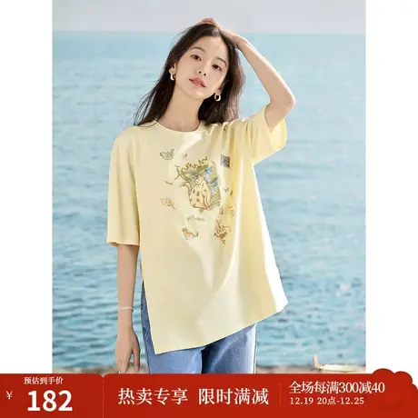 【商场同款】茵曼时尚趣味T恤2023夏季女装新款宽松圆领开叉上衣图片