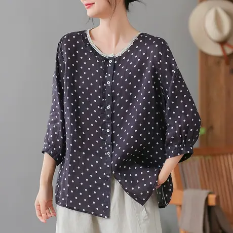 dza 复古圆点苎麻衬衫女2023夏薄款中袖衬衣气质漂亮棉麻开衫上衣图片