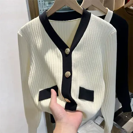 V领小香风坑条长袖针织衫开衫女上衣2023春装新款短款高腰毛衣潮商品大图