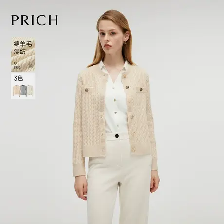 【羊毛】PRICH经典圆领波纹针织衫2024冬季新款长袖金丝上衣女商品大图