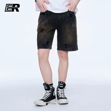 ER假破洞水洗牛仔短裤男夏季户外美式复古潮牌直筒宽松五分中裤商品大图