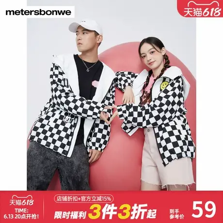 美特斯邦威夹克男女宽松休闲舒适百搭时尚舒适米奇印花棋盘格上衣图片