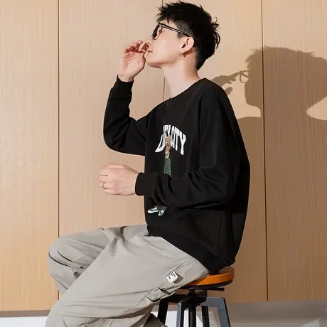 唐狮春秋季新款卫衣男士青少年宽松黑色圆领套头衫美式外套潮商品大图