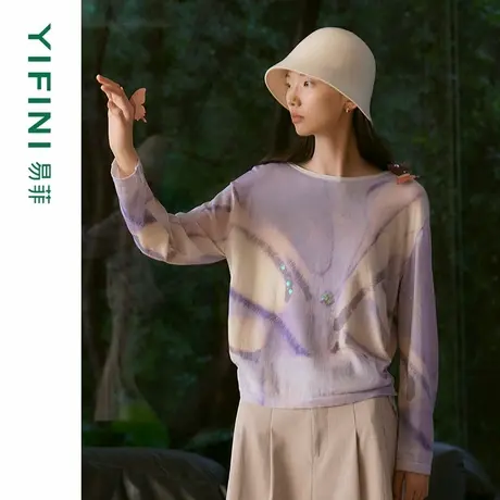 [专柜同款]Yifini/易菲亮片一字领侧抽绳宽松长袖针织衫气质毛衫商品大图