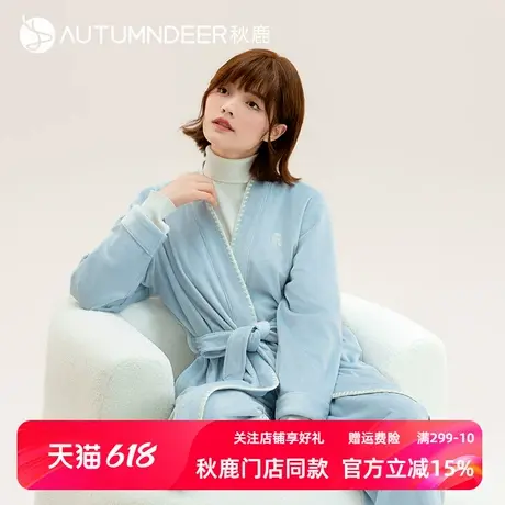 秋鹿纯棉海岛绒女士睡衣冬季加绒加厚睡袍家居服秋冬季长袍中长款商品大图