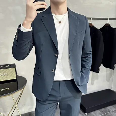 夏季冰丝薄款大码空调外套男垂感修身西服痞帅两粒扣西装男两件套商品大图